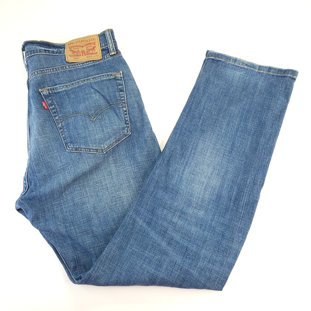 Levis 505 Jeans‎ Mens 34 x 32 Blue Denim Regular Fit Straight Leg Some Wear